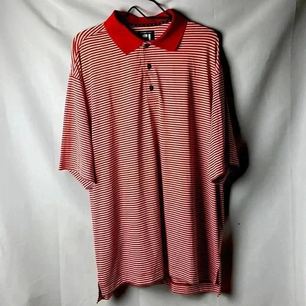 FOOTJOY MENS SIZE LARGE RED AND WHITE STRIPE POLO SHIRT POLYESTER SPANDEX - Picture 1 of 13
